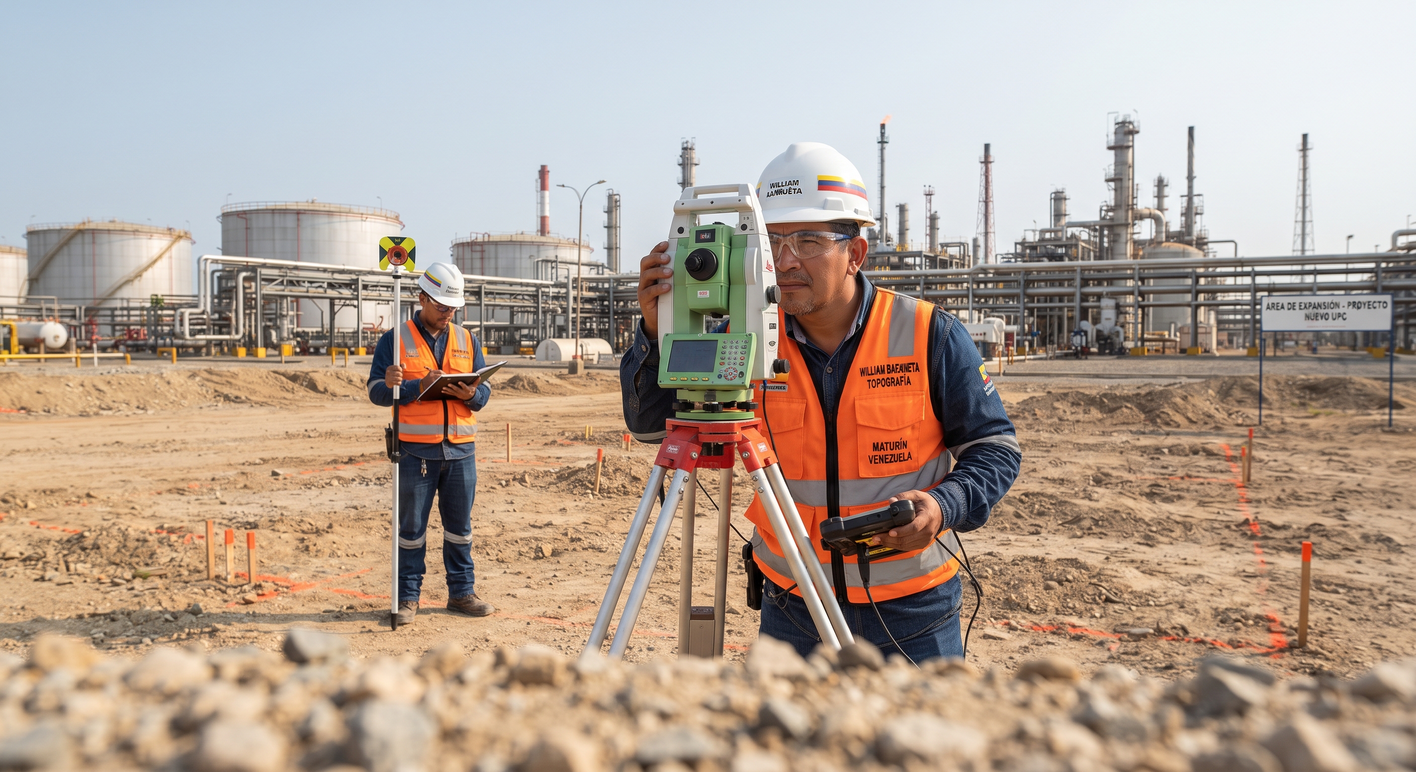 Medición topográfica con estación total en un área industrial